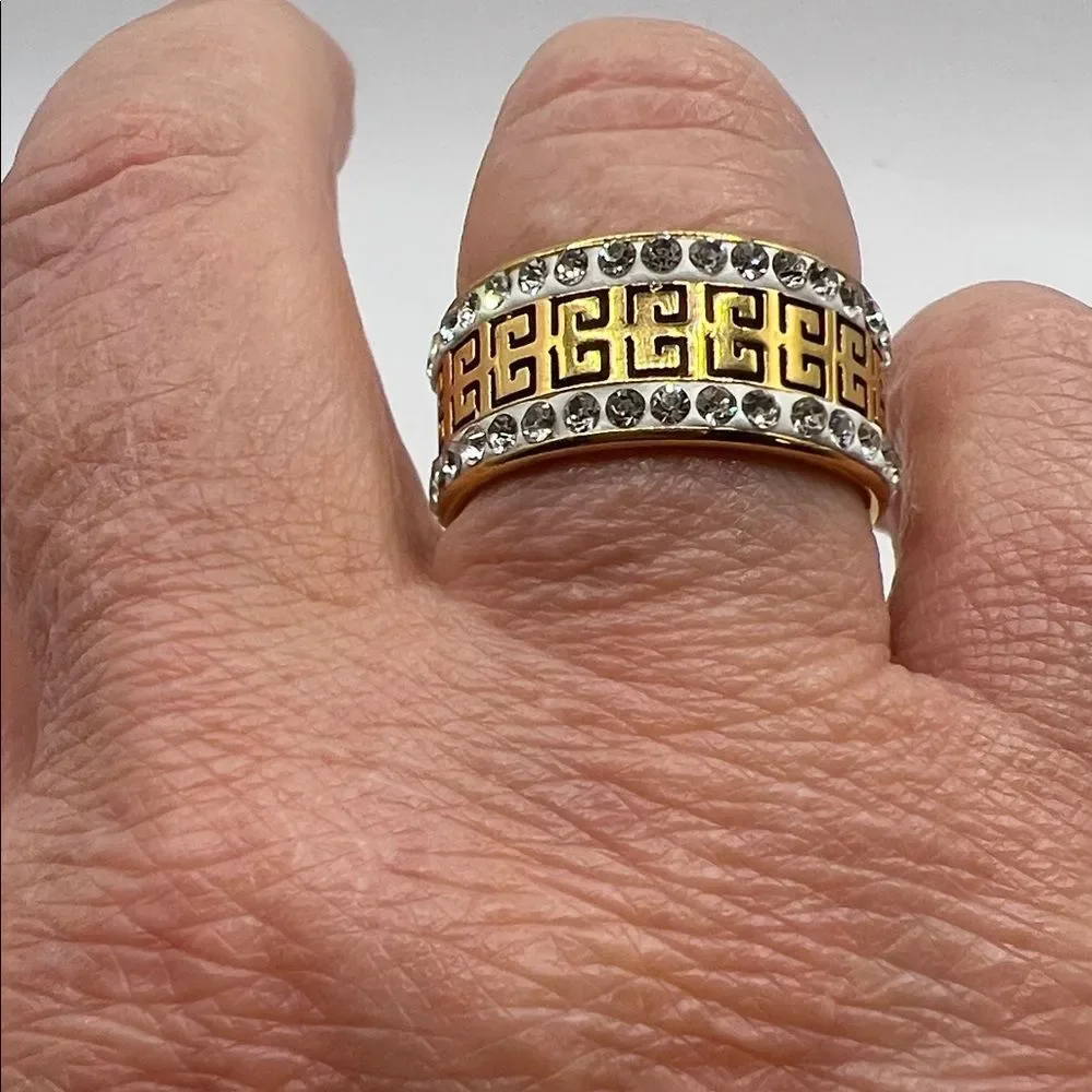 Gold-Tone Greek Key Crystal Band Ring - Size 10